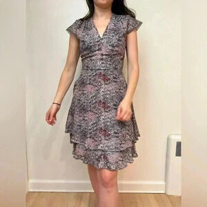 REISS printed tiered flutter sleeve v neck fit and flare mini sun dress XS